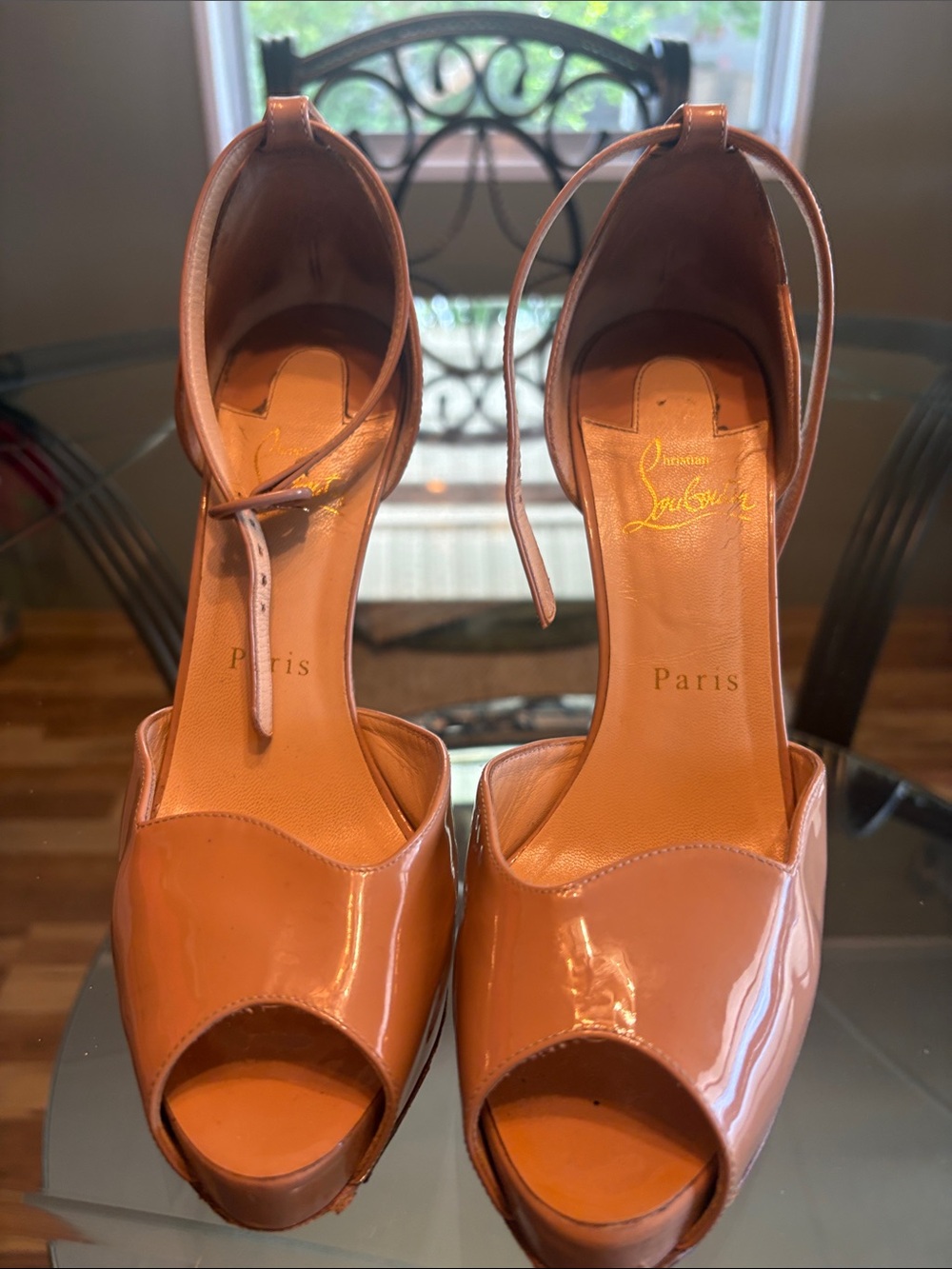 Christian Louboutin Patent Peep-Toe Ankle-Strap Heels in Cognac